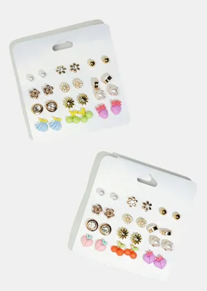 12-Pair Flower & Fruit Stud Earrings