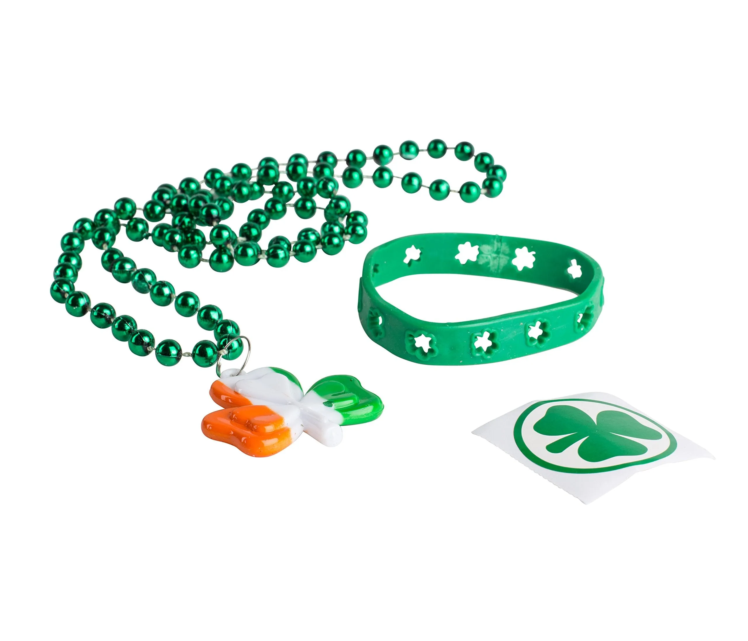 124 St Patricks Day Shamrock Party Favor Set, 12 Rubber Bracelets, 12 Shamrock Bead