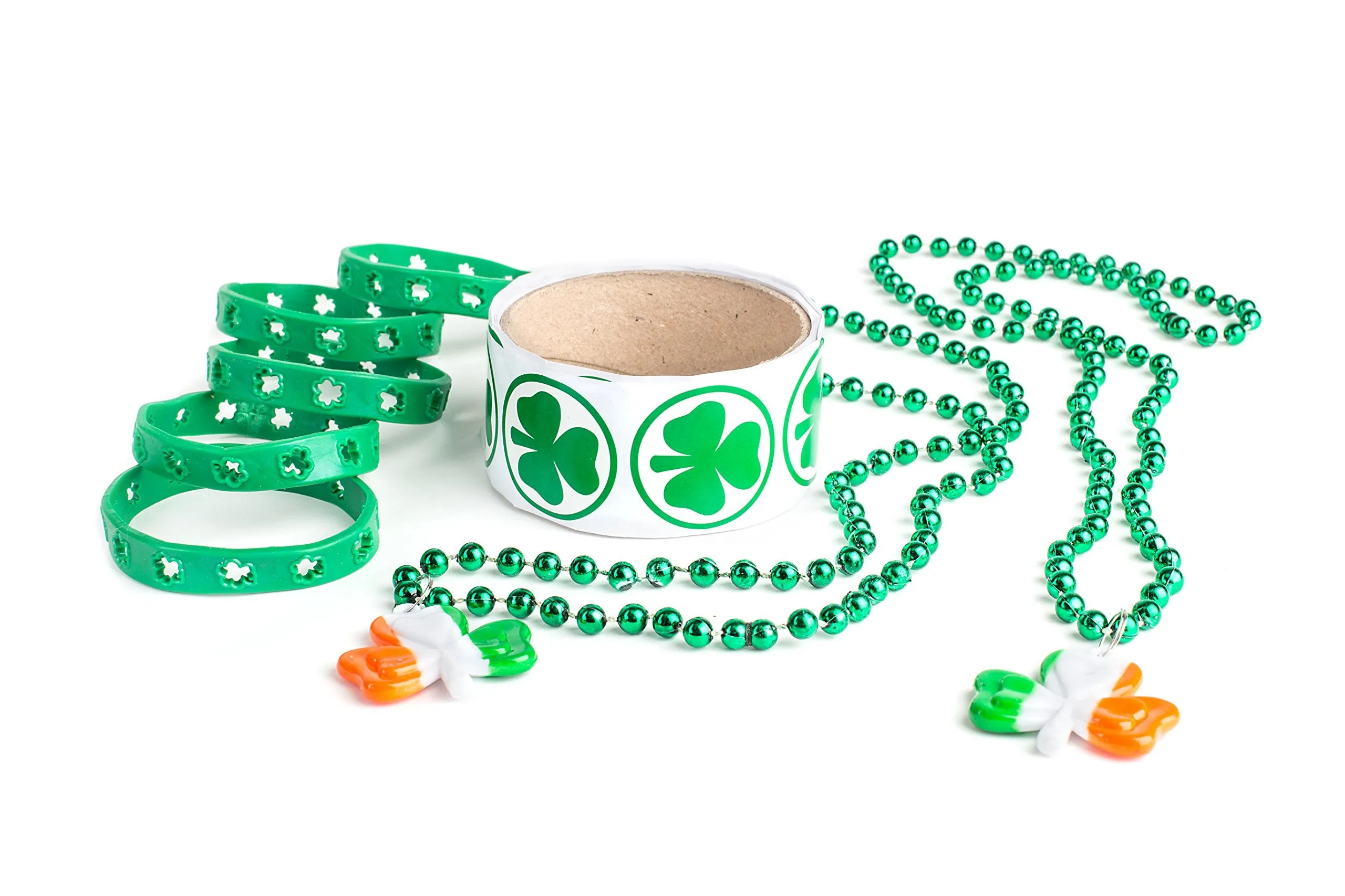 124 St Patricks Day Shamrock Party Favor Set, 12 Rubber Bracelets, 12 Shamrock Bead