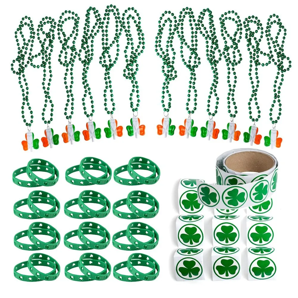 124 St Patricks Day Shamrock Party Favor Set, 12 Rubber Bracelets, 12 Shamrock Bead