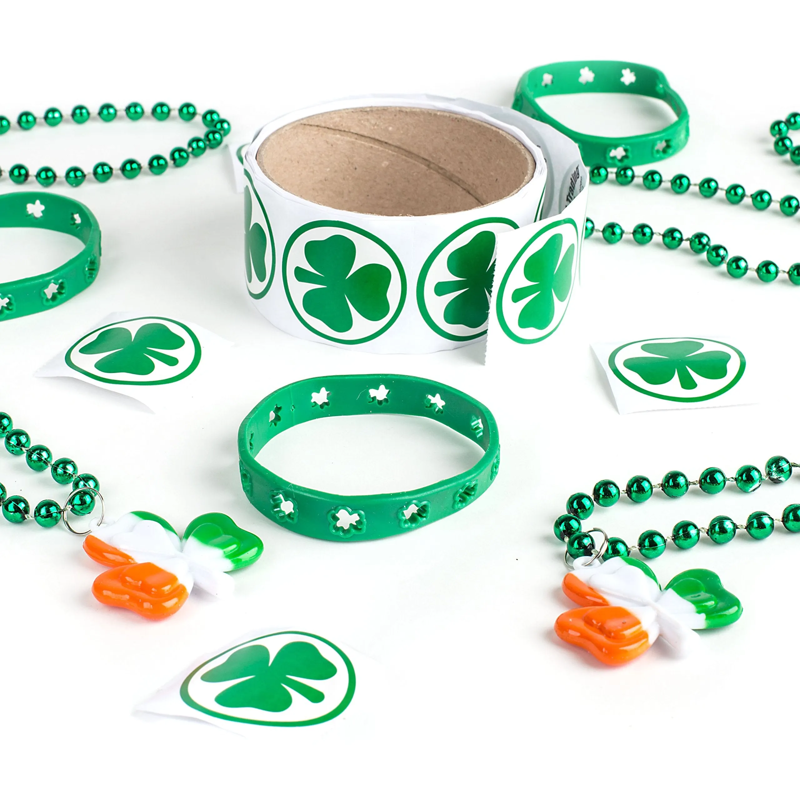 124 St Patricks Day Shamrock Party Favor Set, 12 Rubber Bracelets, 12 Shamrock Bead