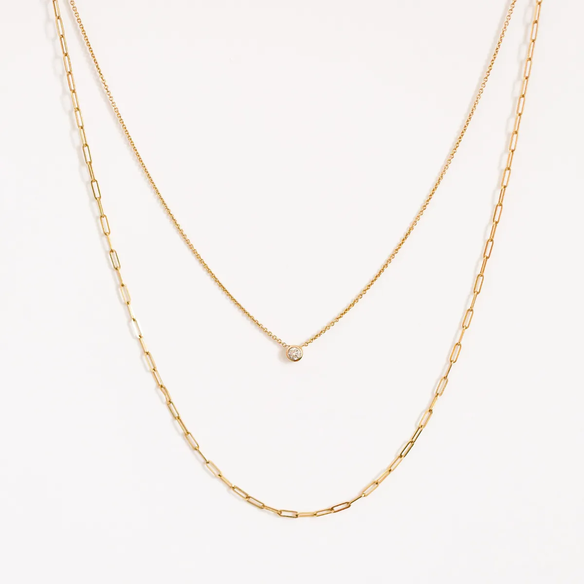 14K Diamond Solitaire   Dainty Paper Clip Necklace Bundle