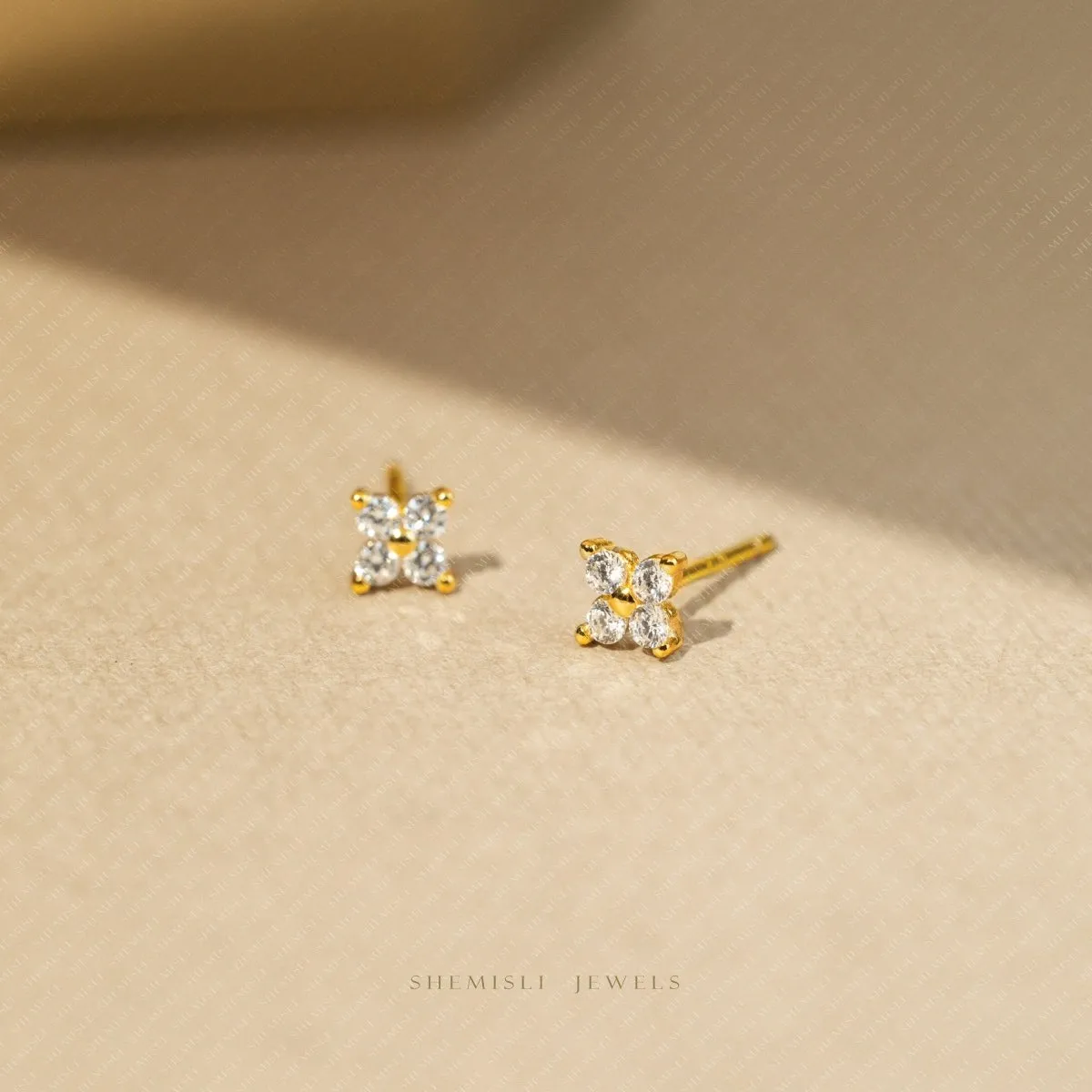 4 Leaf Clover Studs, CZ Flower Earrings, Starburst Studs, Unisex, Gold, Silver SHEMISLI SS040