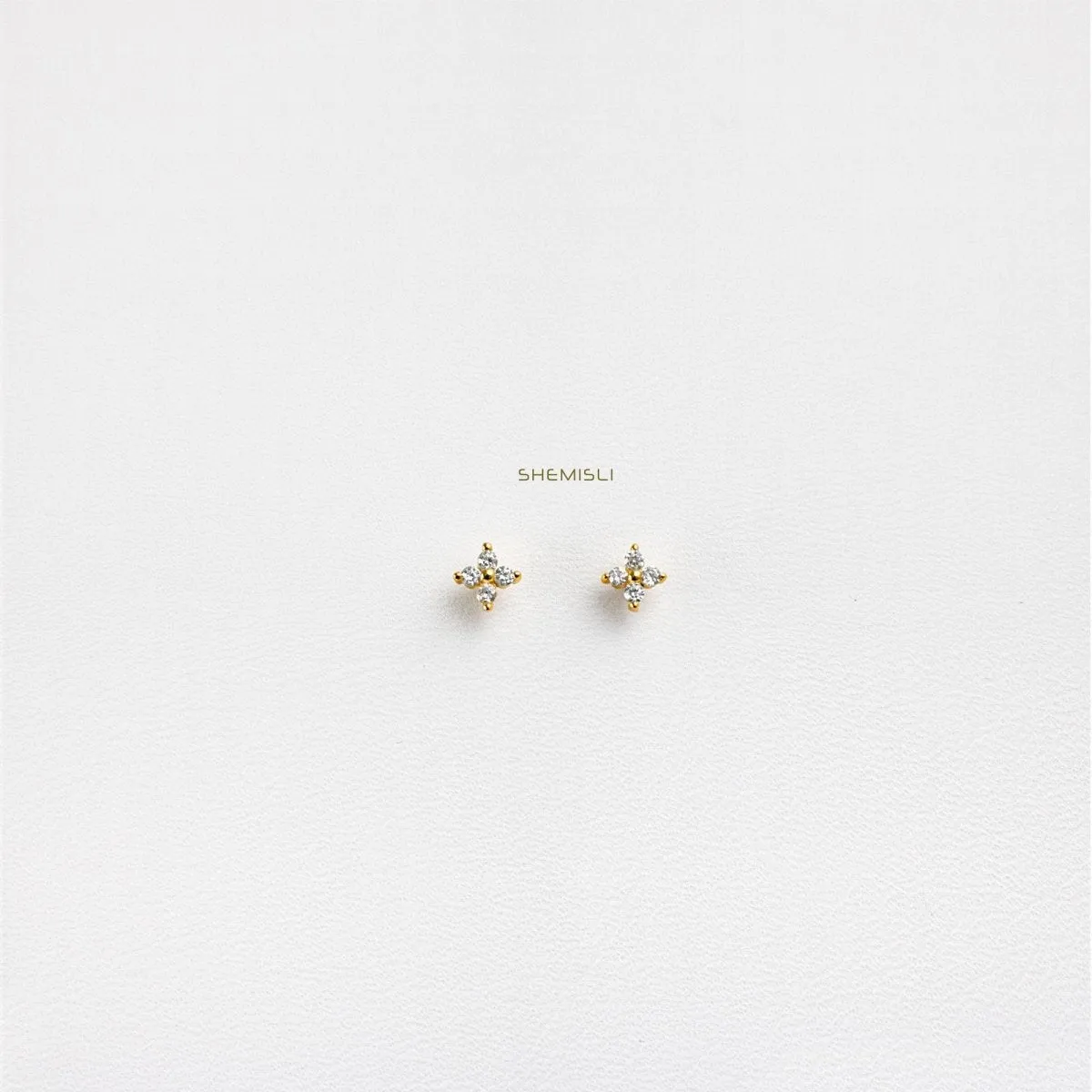 4 Leaf Clover Studs, CZ Flower Earrings, Starburst Studs, Unisex, Gold, Silver SHEMISLI SS040