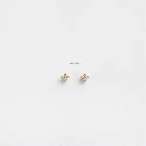 4 Leaf Clover Studs, CZ Flower Earrings, Starburst Studs, Unisex, Gold, Silver SHEMISLI SS040