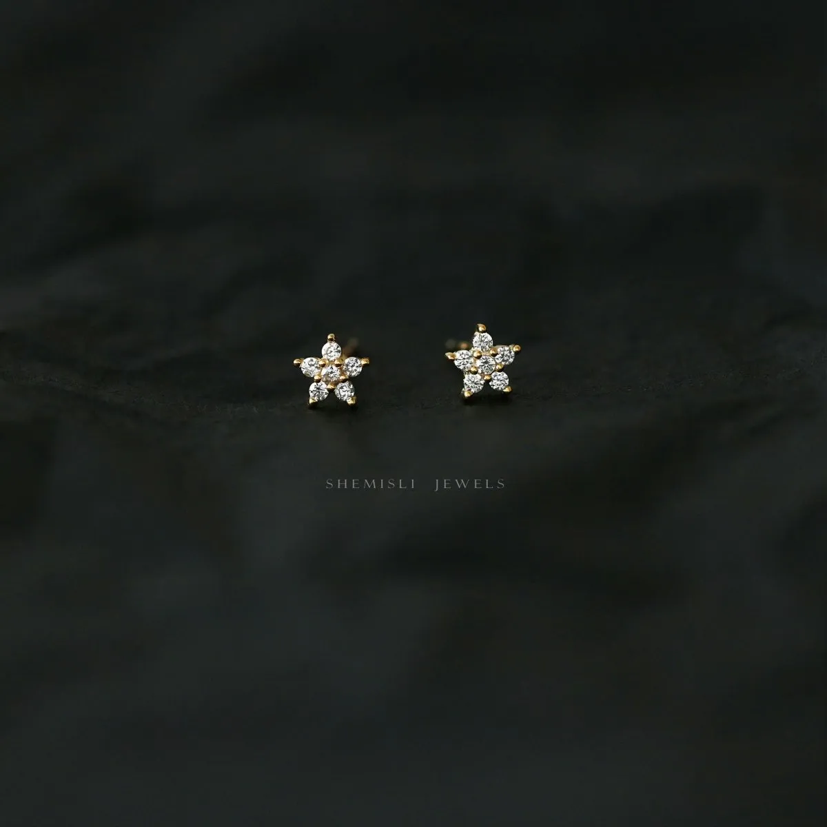 5 Leaf CZ Star Flower Studs Earrings, Unisex, Gold, Silver SHEMISLI SS321