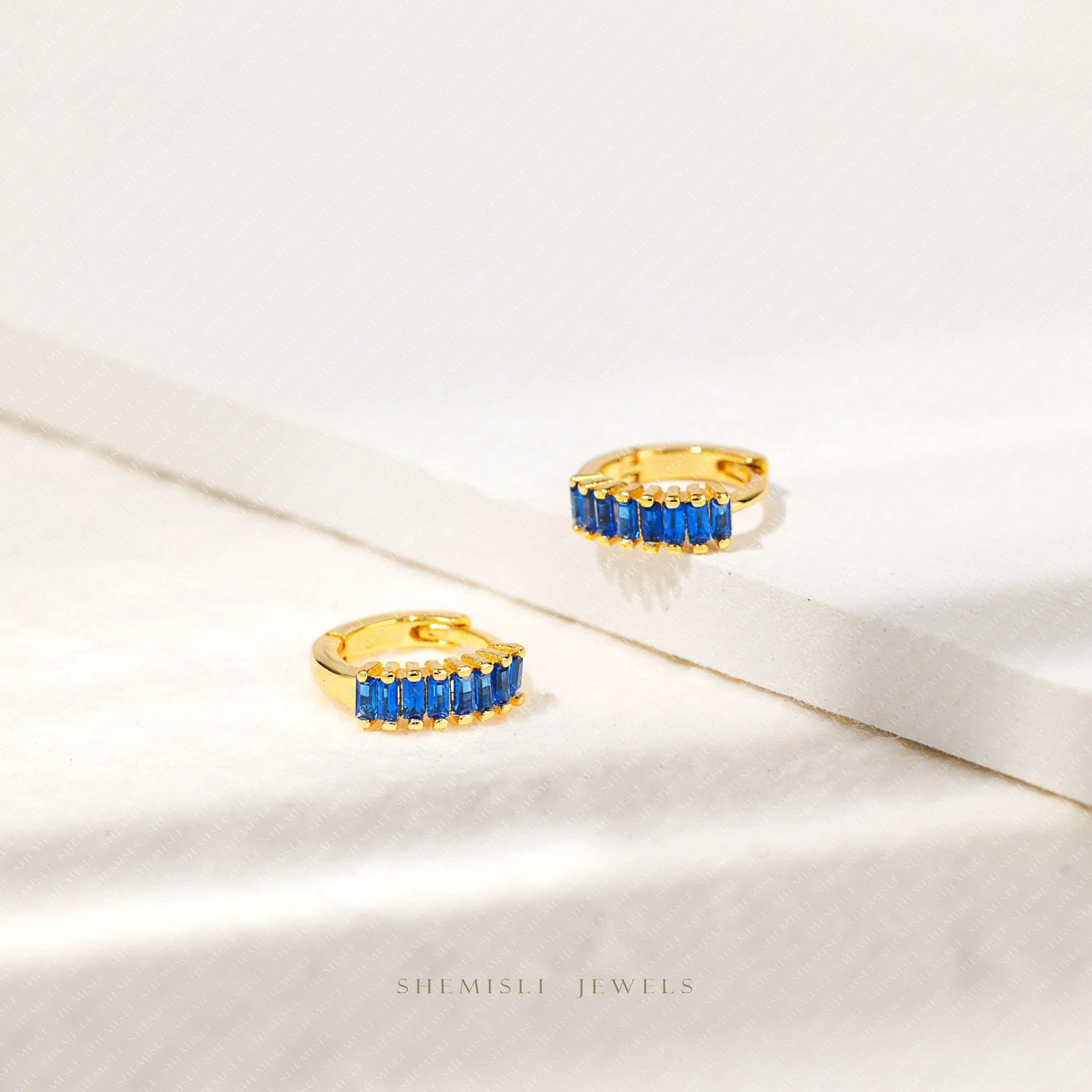 Baguette Sapphire CZ Hoop Earrings, Unisex, Gold, Silver SHEMISLI SH334