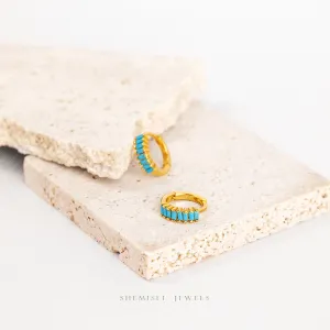 Baguette Turquoise CZ Hoop Earrings, Unisex, Gold, Silver SHEMISLI SH333