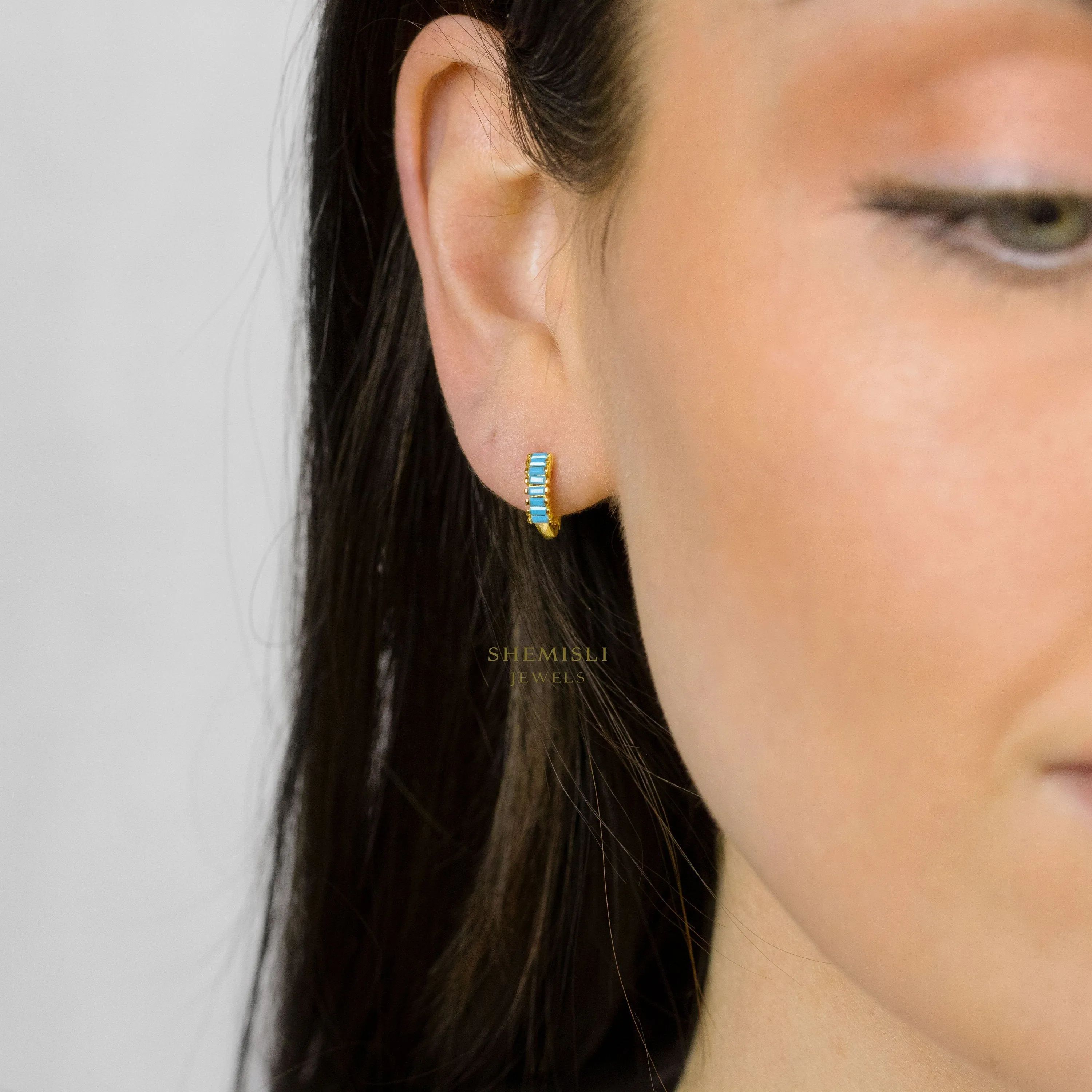 Baguette Turquoise CZ Hoop Earrings, Unisex, Gold, Silver SHEMISLI SH333