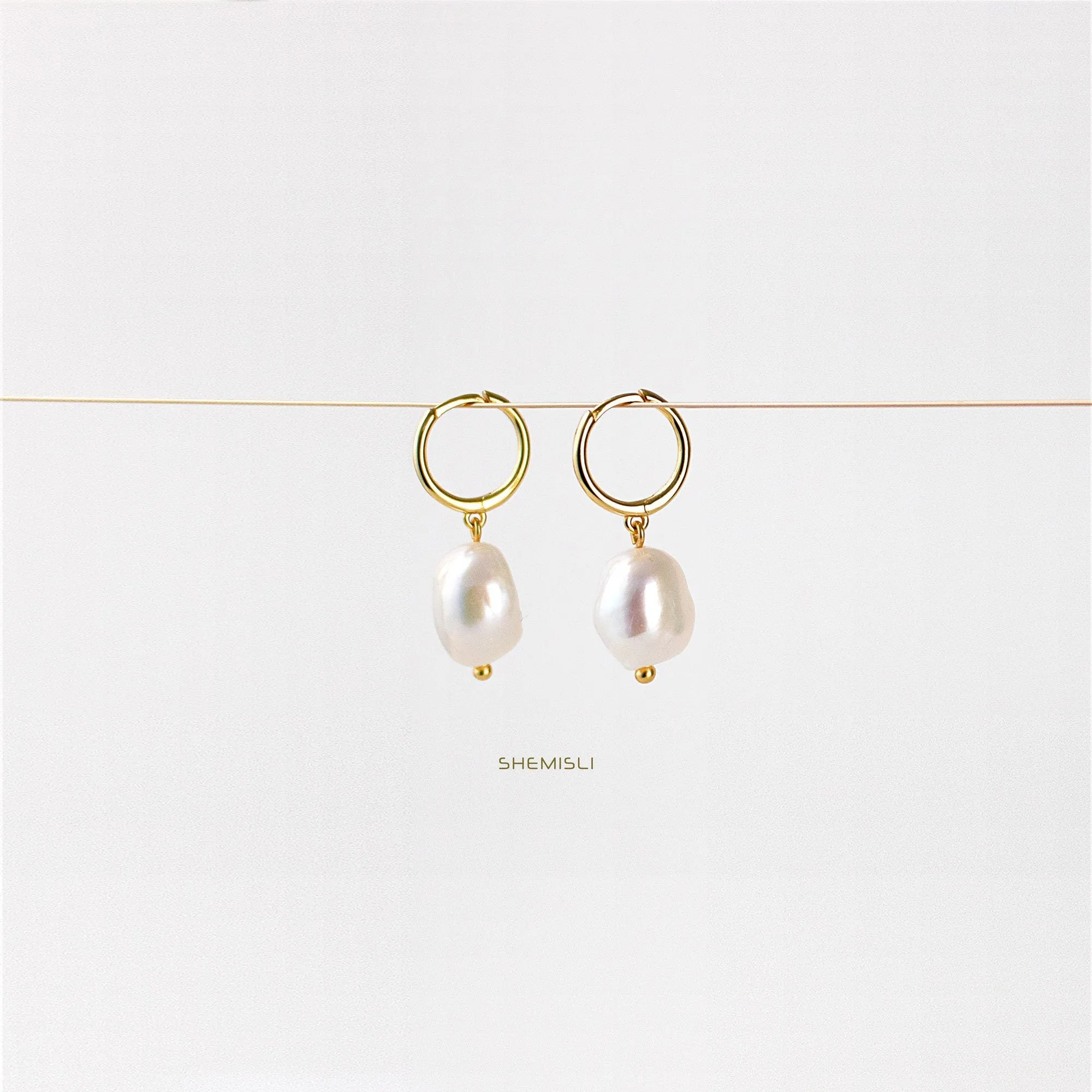 Baroque Pearl Drop Hoop Earrings, Huggies, Unisex, Gold, Silver SHEMISLI - SH123