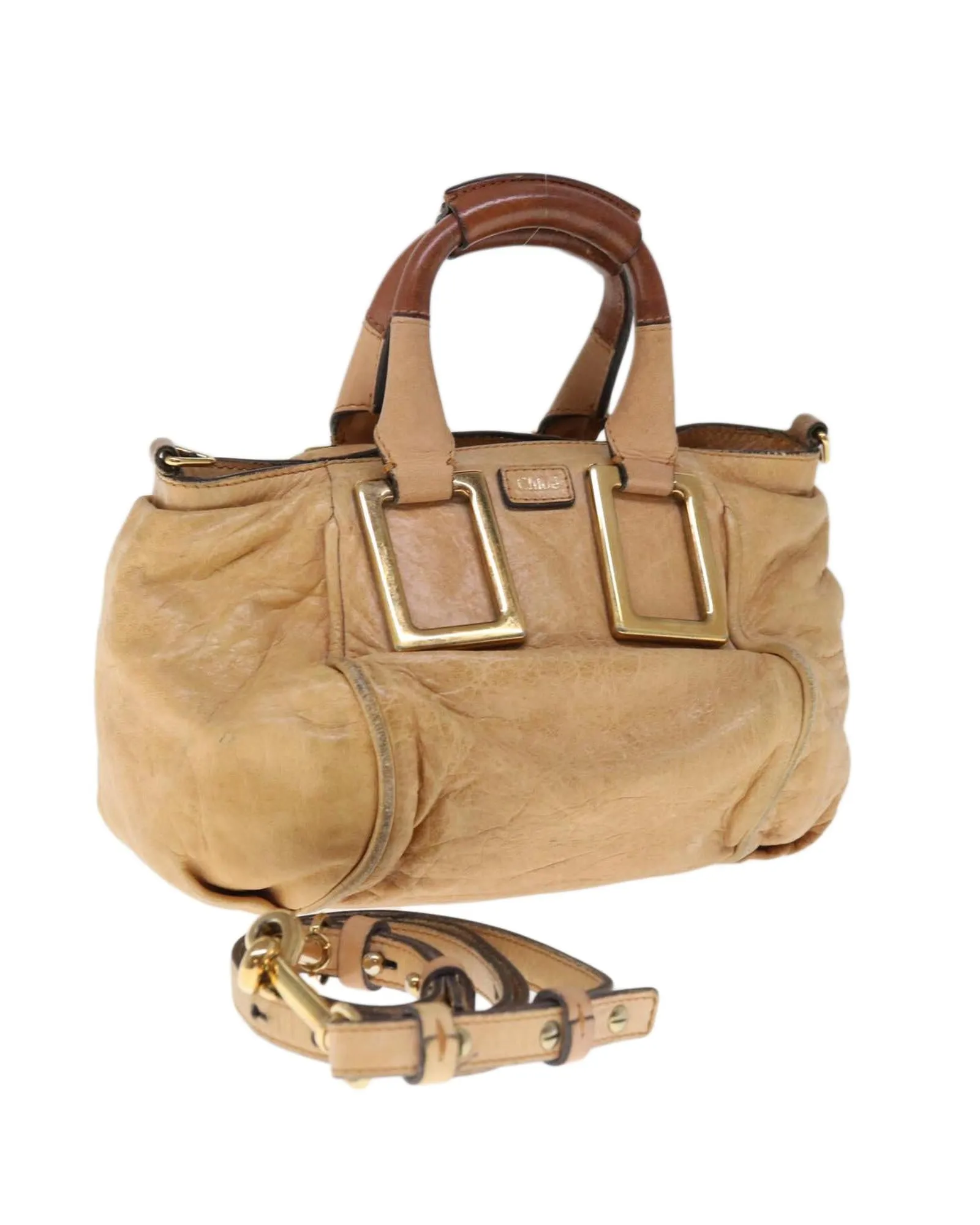 Beige Leather Shoulder Bag with Detachable Strap