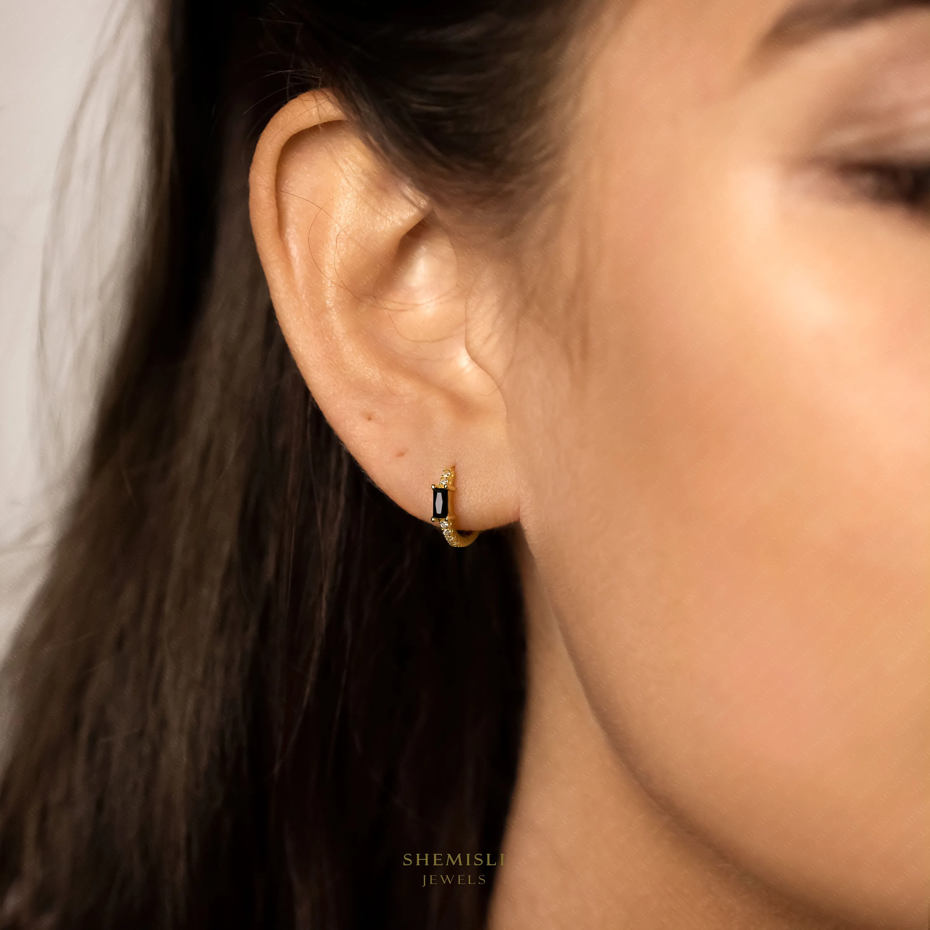 Black Baguette CZ Hoops, Unisex, Gold, Silver SHEMISLI - SH354