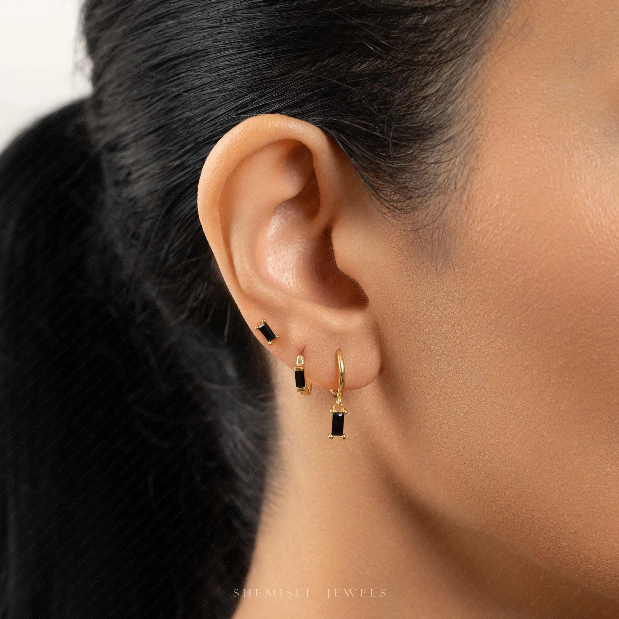 Black Baguette CZ Studs Huggies Drop Hoop Earrings Stack Set, Unisex, Gold, Silver SHEMISLI SS458, SH402, SH314