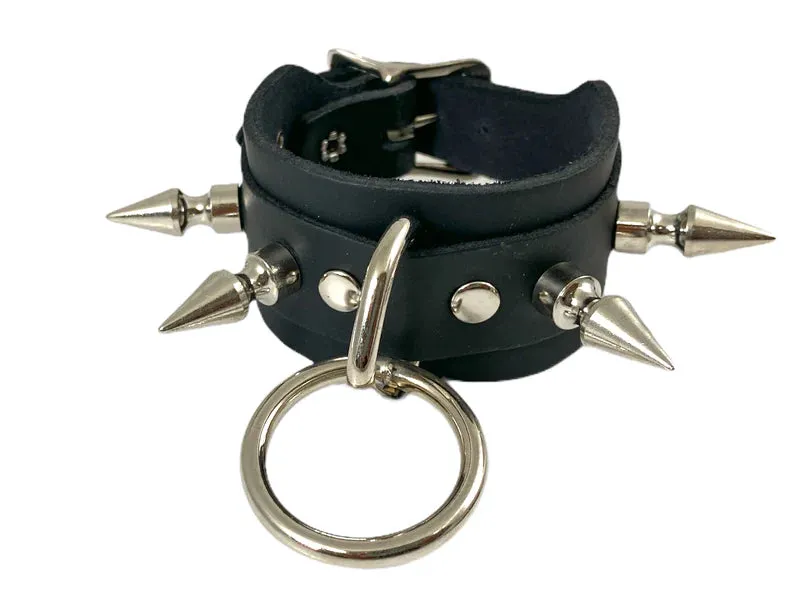 Black Leather Bondage Bracelet w/ 1" Spikes