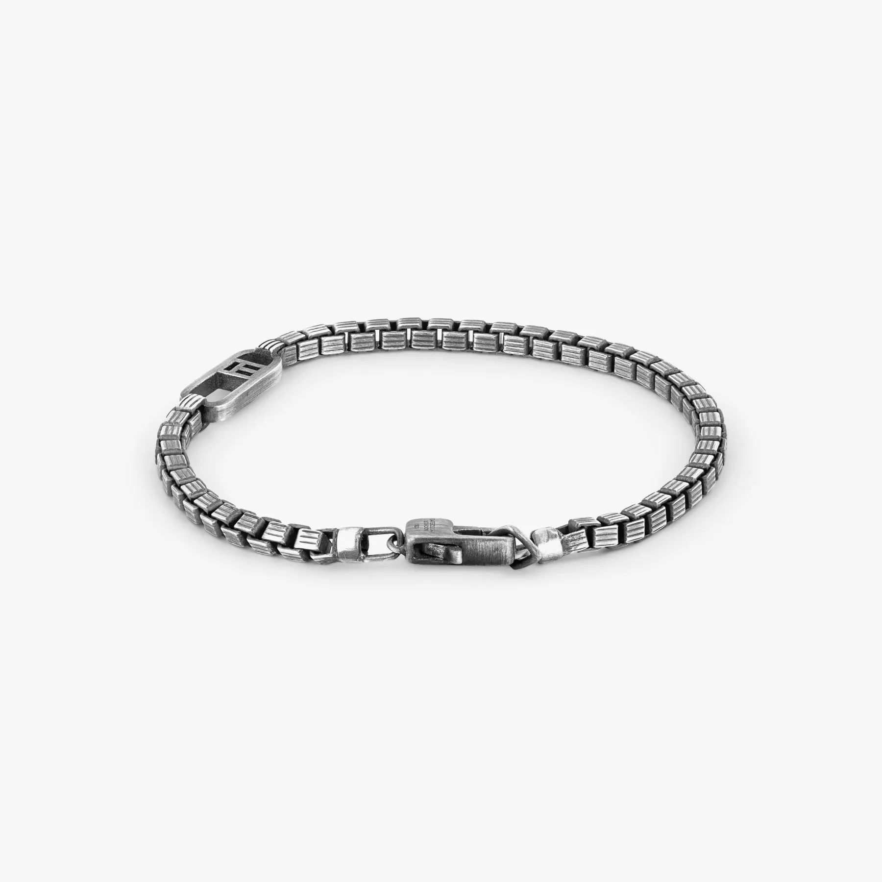 Catena Signifier Trigato Box Chain Bracelet in Oxidised Plated Silver with "T" Logo