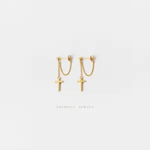 Cross Dangle Chain Studs Earrings, Unisex, Gold, Silver SHEMISLI SS150