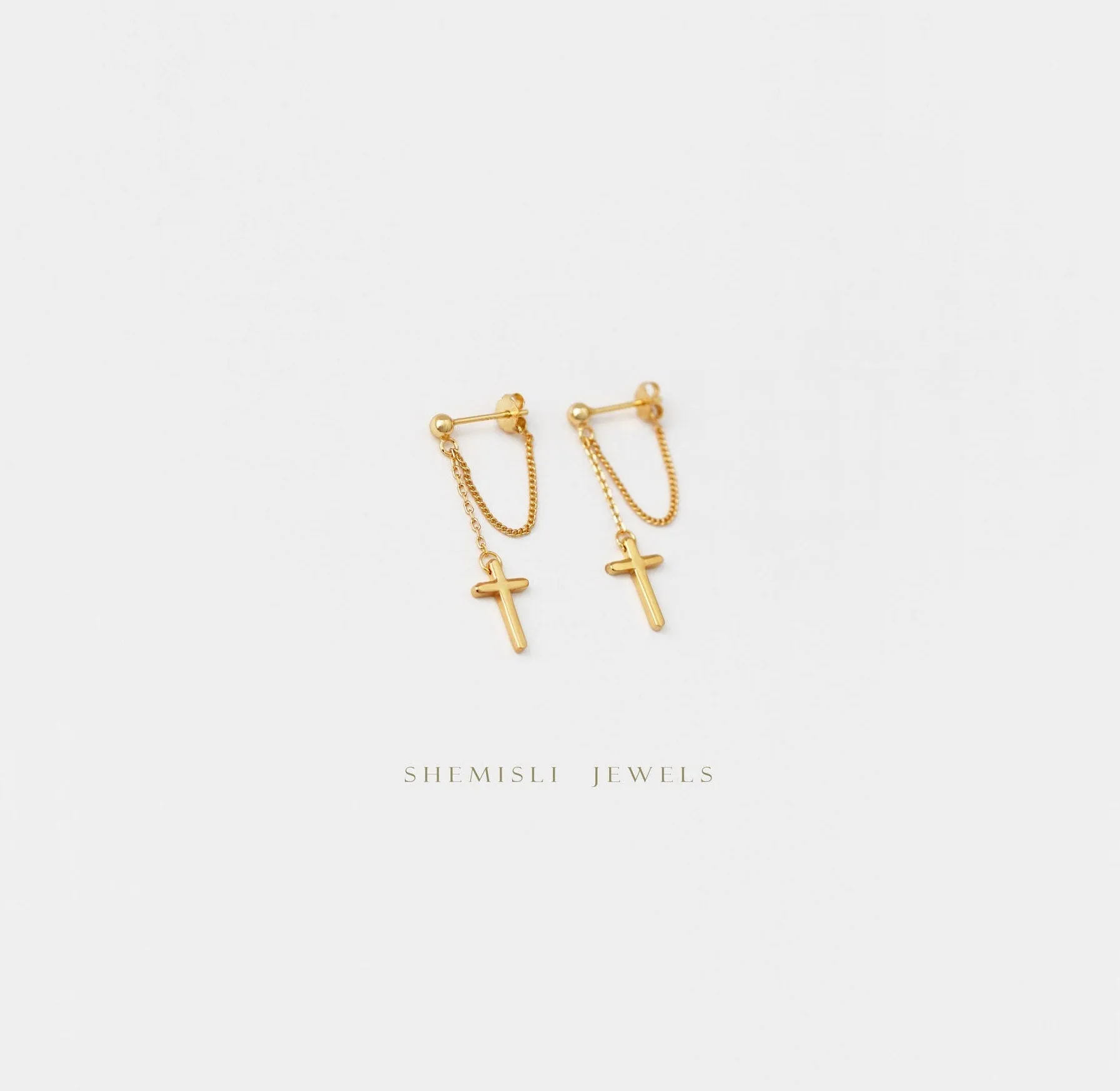 Cross Dangle Chain Studs Earrings, Unisex, Gold, Silver SHEMISLI SS150