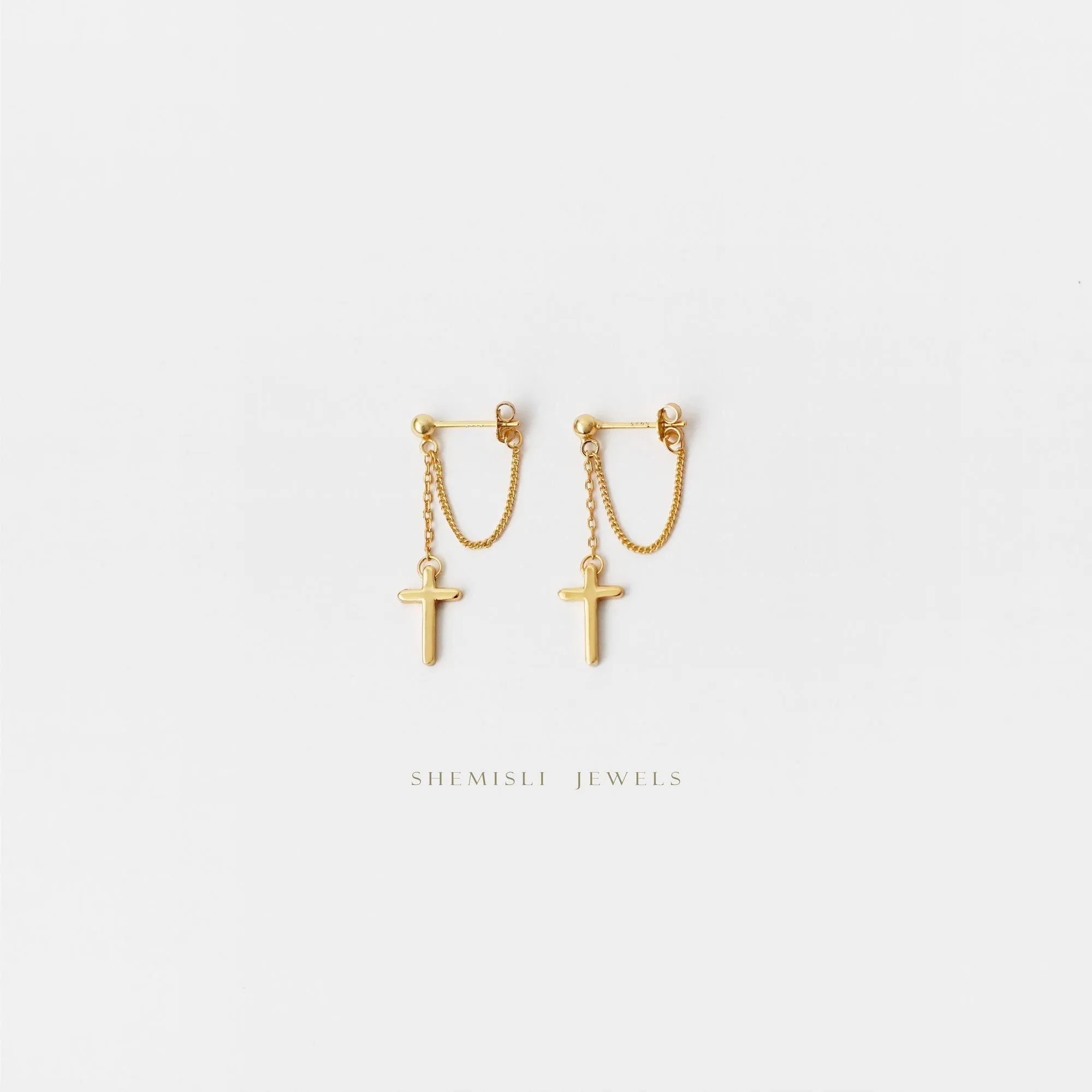 Cross Dangle Chain Studs Earrings, Unisex, Gold, Silver SHEMISLI SS150