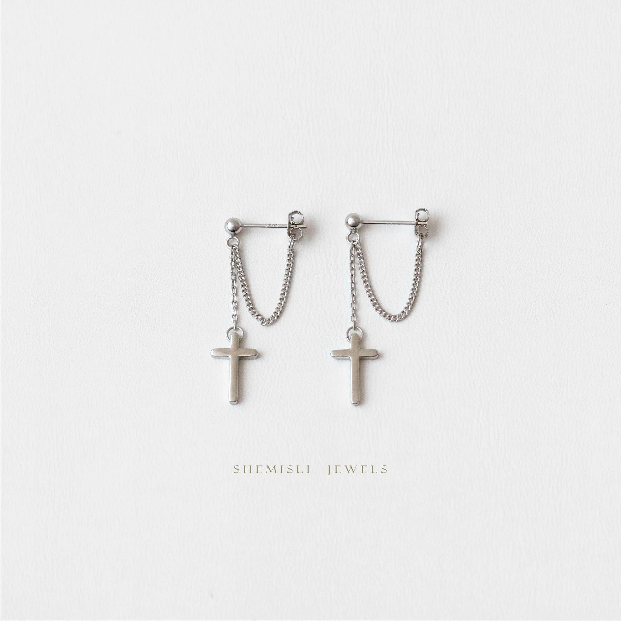 Cross Dangle Chain Studs Earrings, Unisex, Gold, Silver SHEMISLI SS150