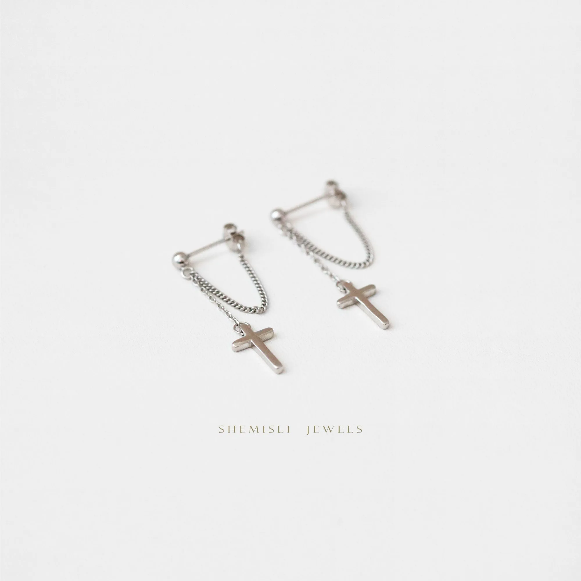 Cross Dangle Chain Studs Earrings, Unisex, Gold, Silver SHEMISLI SS150