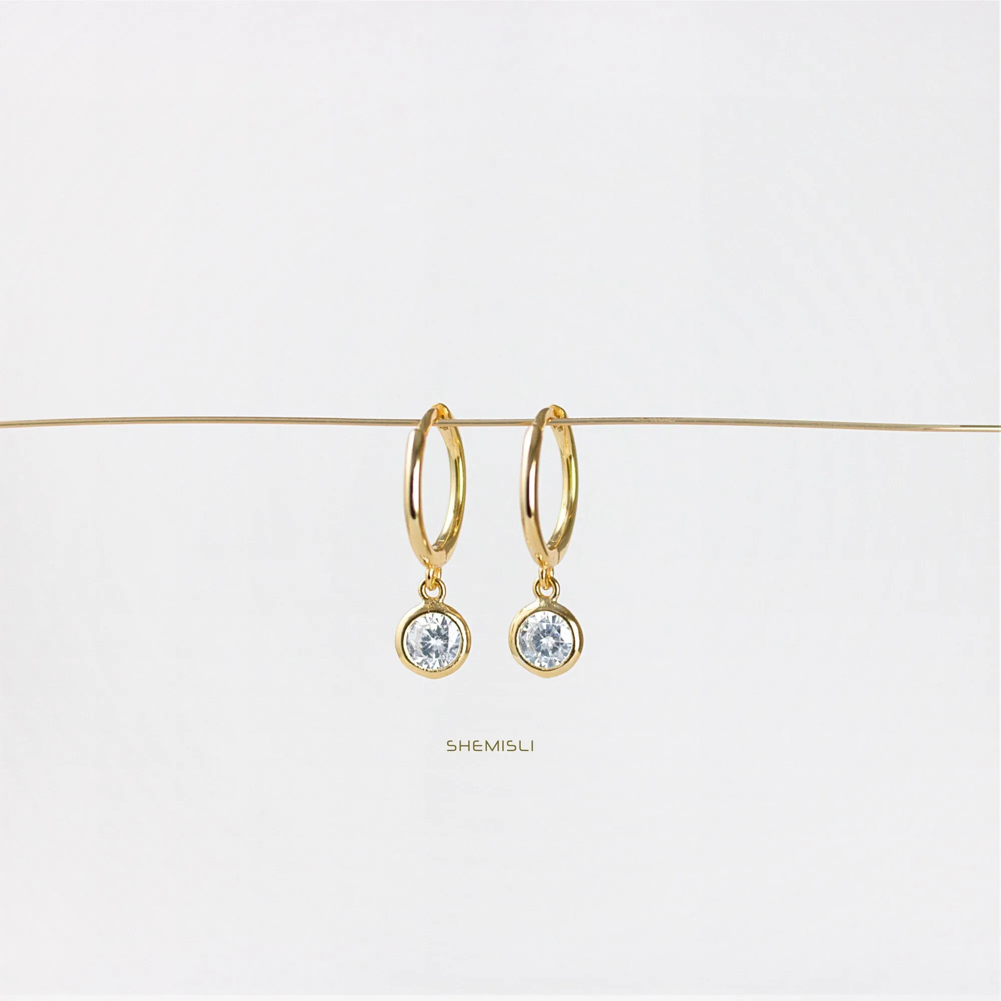 CZ Drop Hoop Earrings, Huggies, Unisex, Gold, Silver SHEMISLI SH068