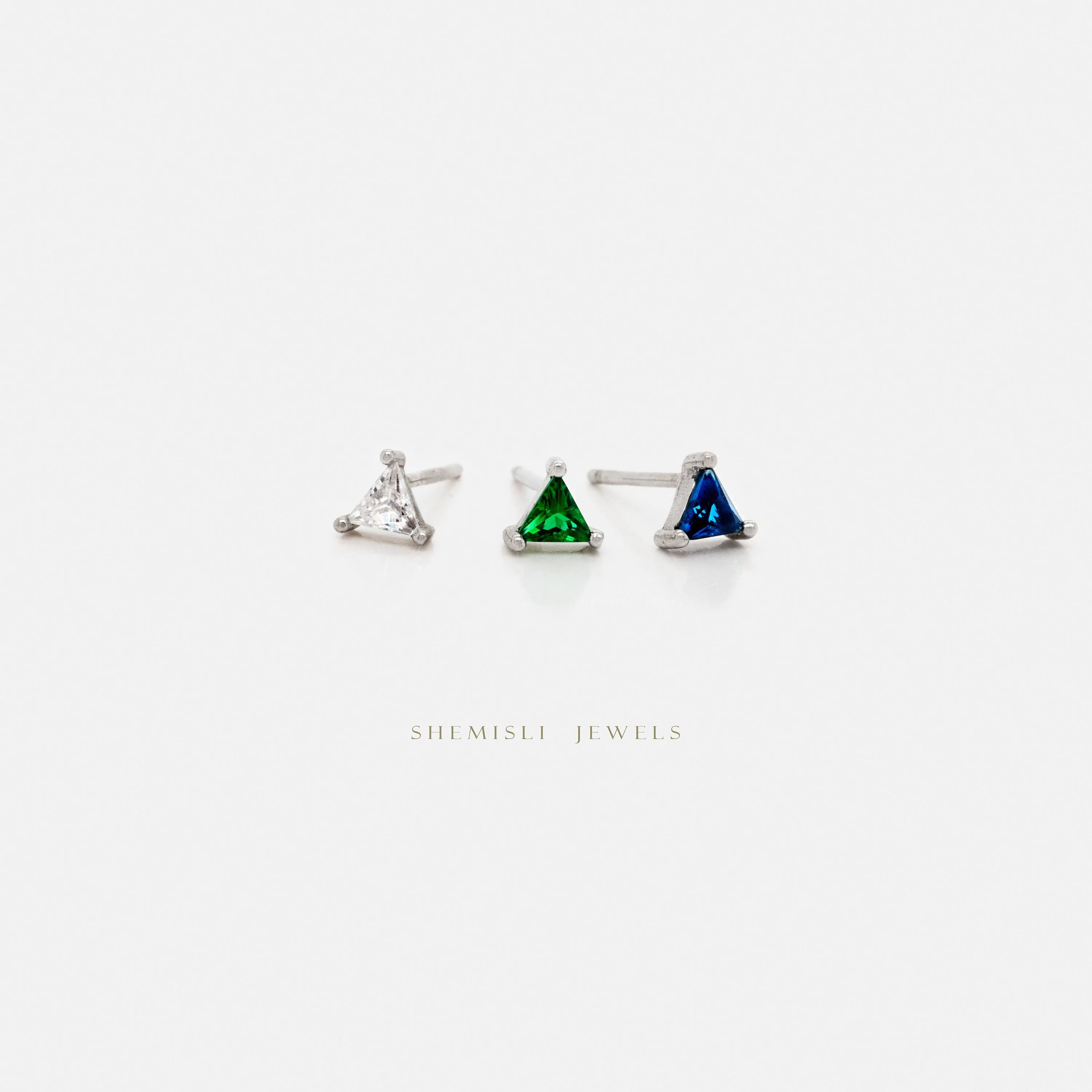 CZ Triangle Studs Earrings, White Stone, Emerald, Sapphire, Unisex, Gold, Silver SHEMISLI SS191, SS192, SS238