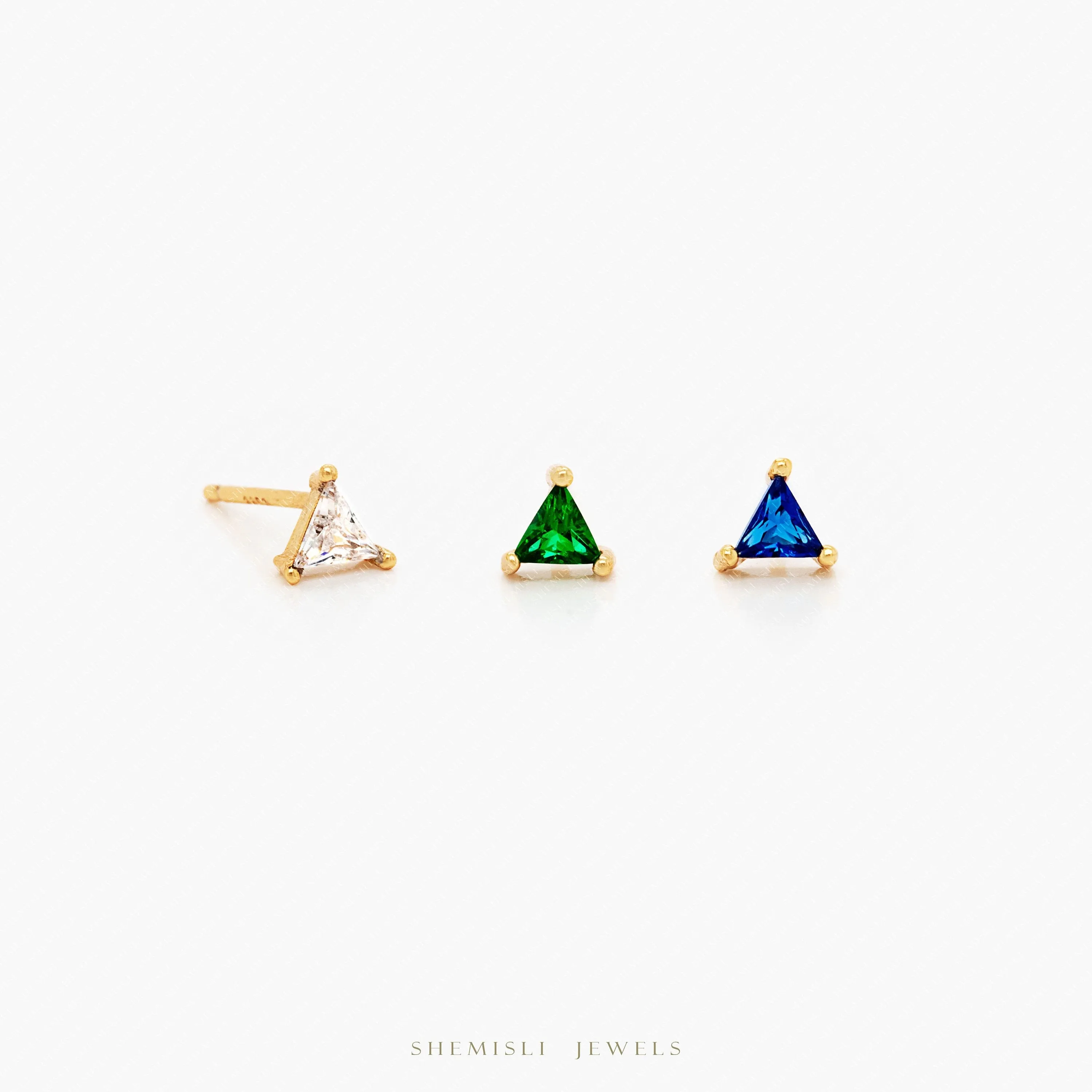 CZ Triangle Studs Earrings, White Stone, Emerald, Sapphire, Unisex, Gold, Silver SHEMISLI SS191, SS192, SS238