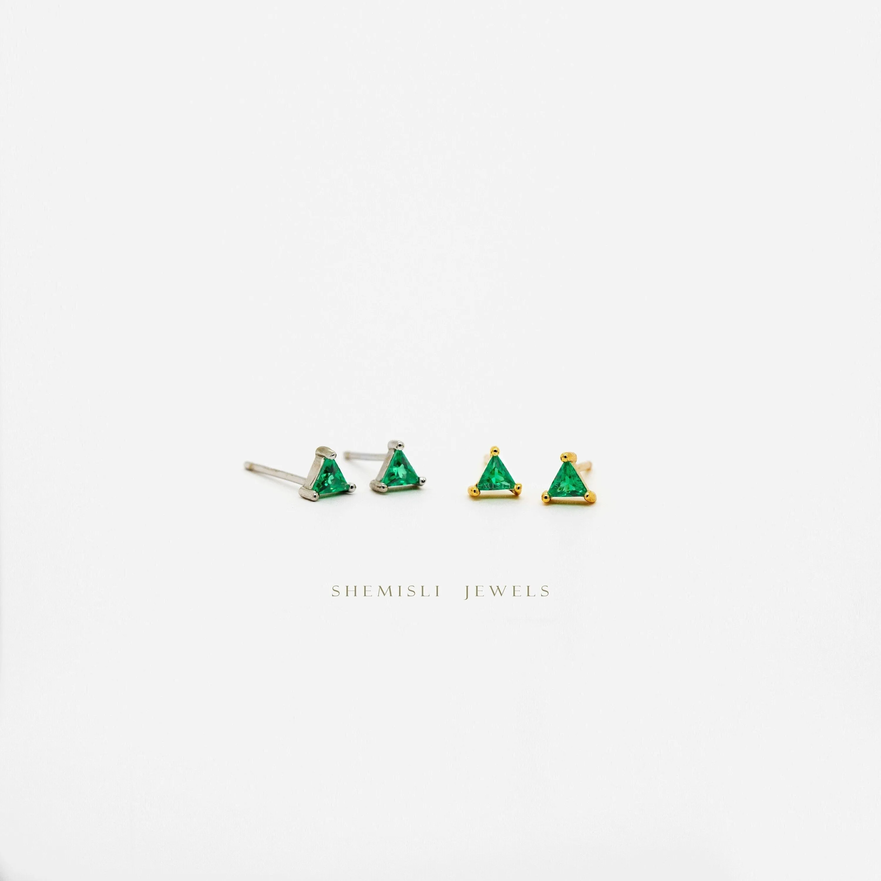 CZ Triangle Studs Earrings, White Stone, Emerald, Sapphire, Unisex, Gold, Silver SHEMISLI SS191, SS192, SS238