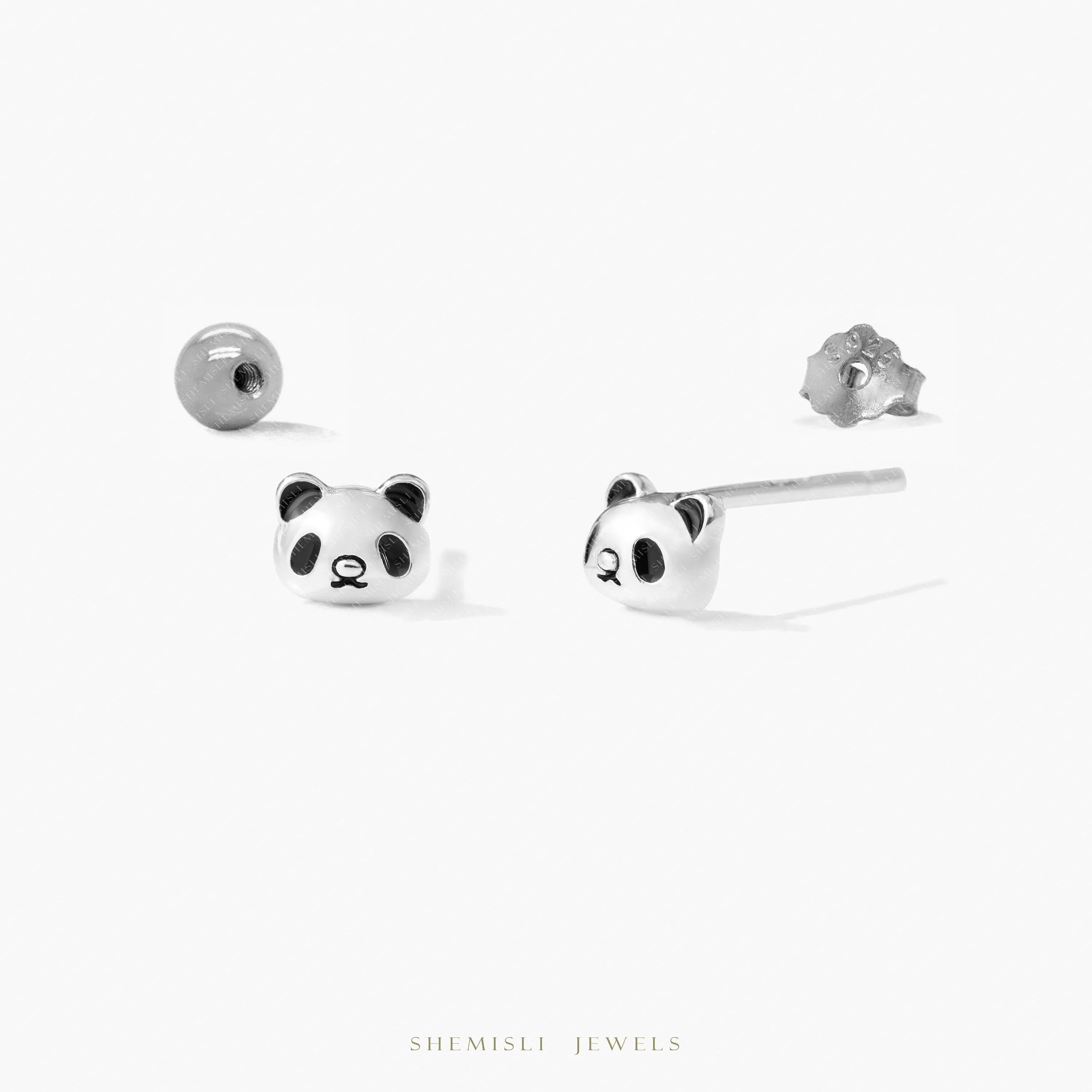 Dainty Panda Stud Earrings, Unisex, Sterling Silver SHEMISLI - SS958 Butterfly End, SS959 Screw Ball End (Type A)