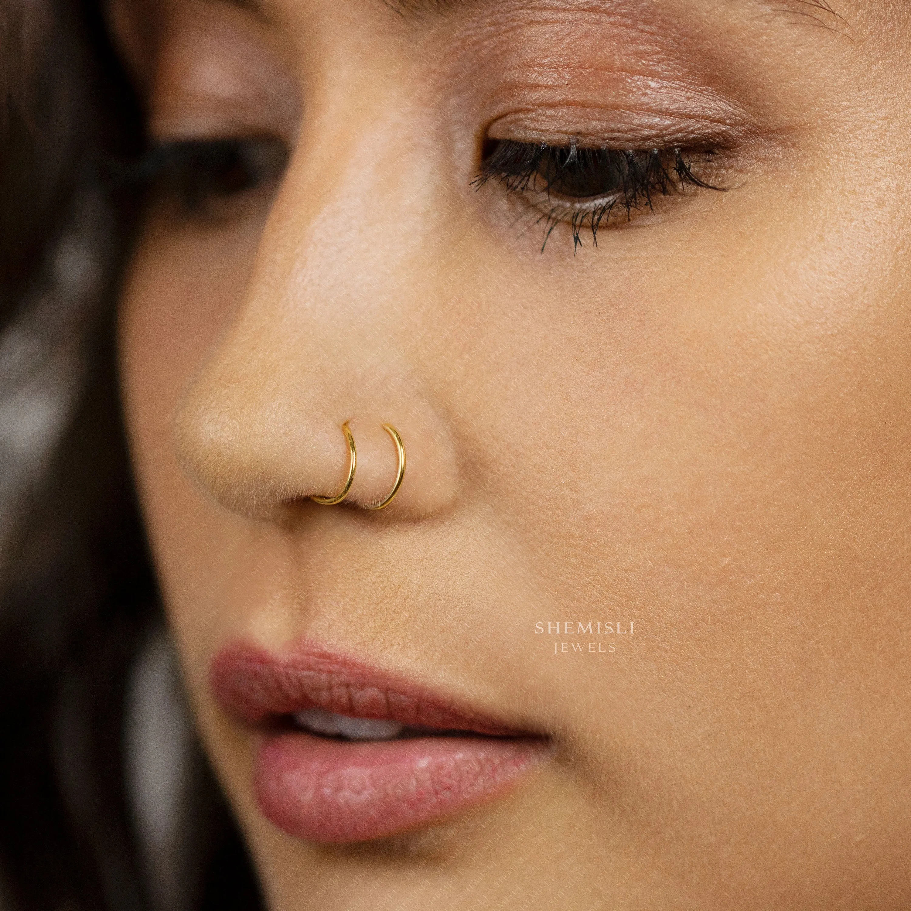 Double Thin Hoop Earrings, Nose Ring - Only 1 Piercing needed, Gold, Silver SHEMISLI - SH245, SH246, SH247, SH248, SH249, SH250 LR