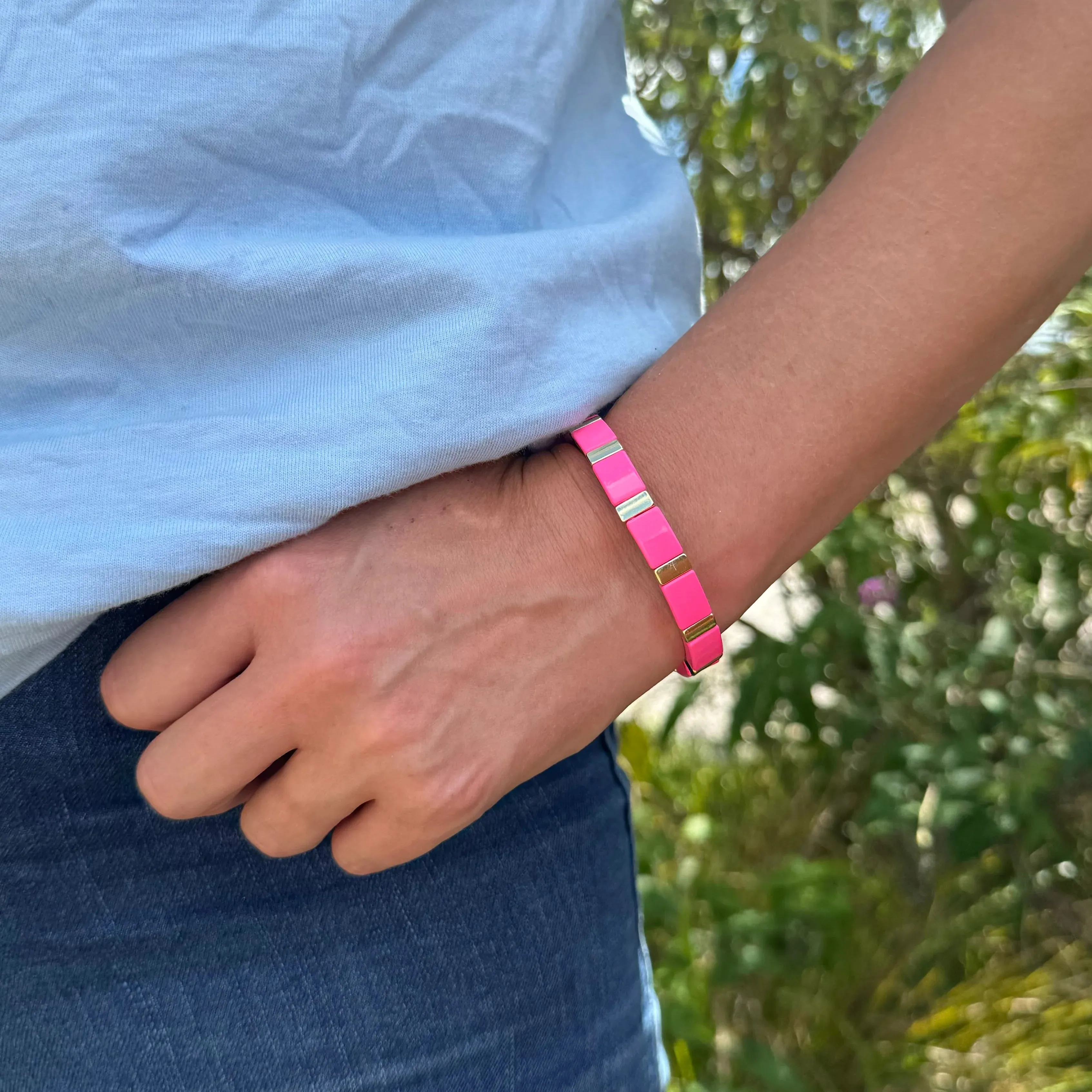 Enamel Bracelet Hot Pink & Gold Stripe