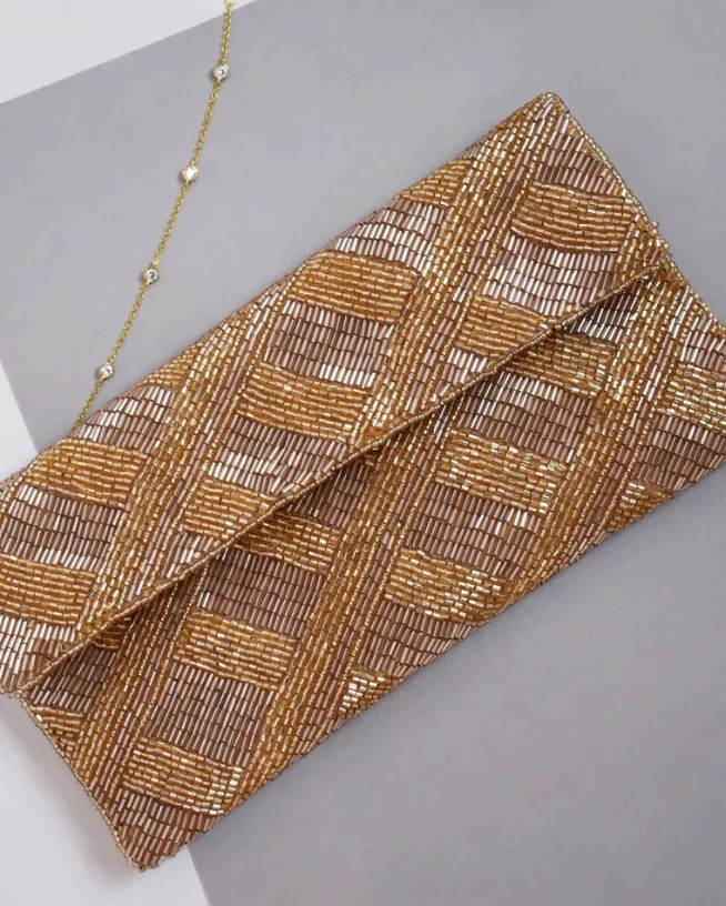 Gold Criss Cross Beaded Clutch