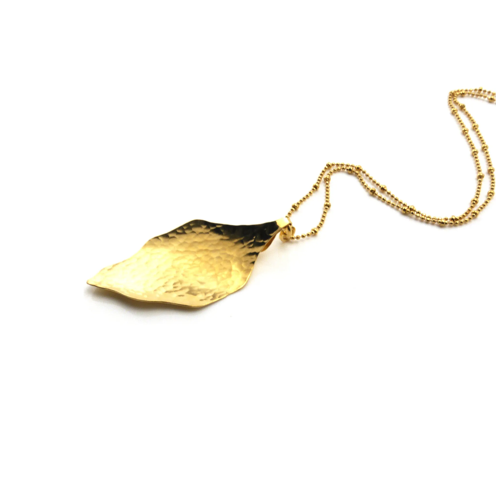 Hammered Leaf Gold Long Necklace