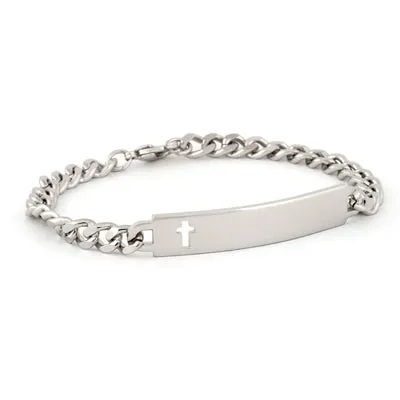 Ladies’ ID Bracelet with Cut Out Cross Plaque Silver or Gold Tone