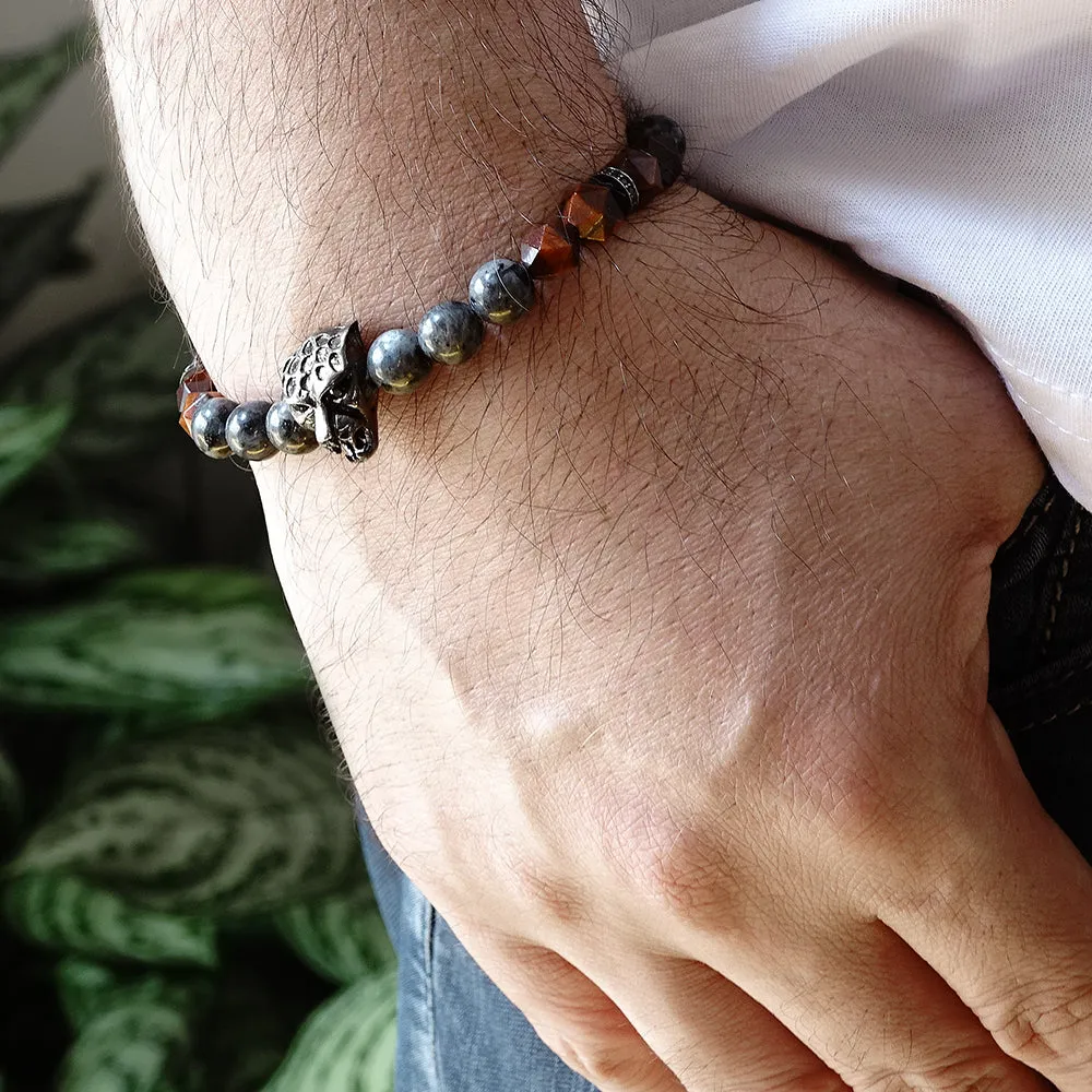 Natural Labradorite Men's Grey Bracelet 925 Silver Jaguar and Red Tiger's Eye Stones