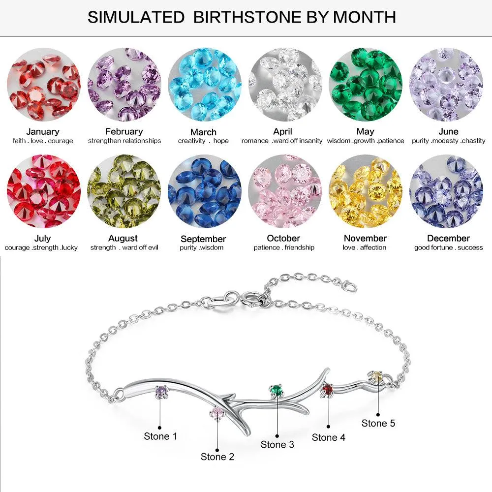 Personalized Branch Bracelet with Zirconia Custom 5 Birthstones Bracelets & Bangles for Women Family Gift