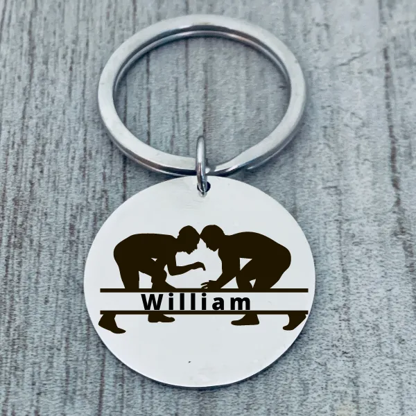 Personalized Engraved Wrestling Keychain - Round - Pick Style