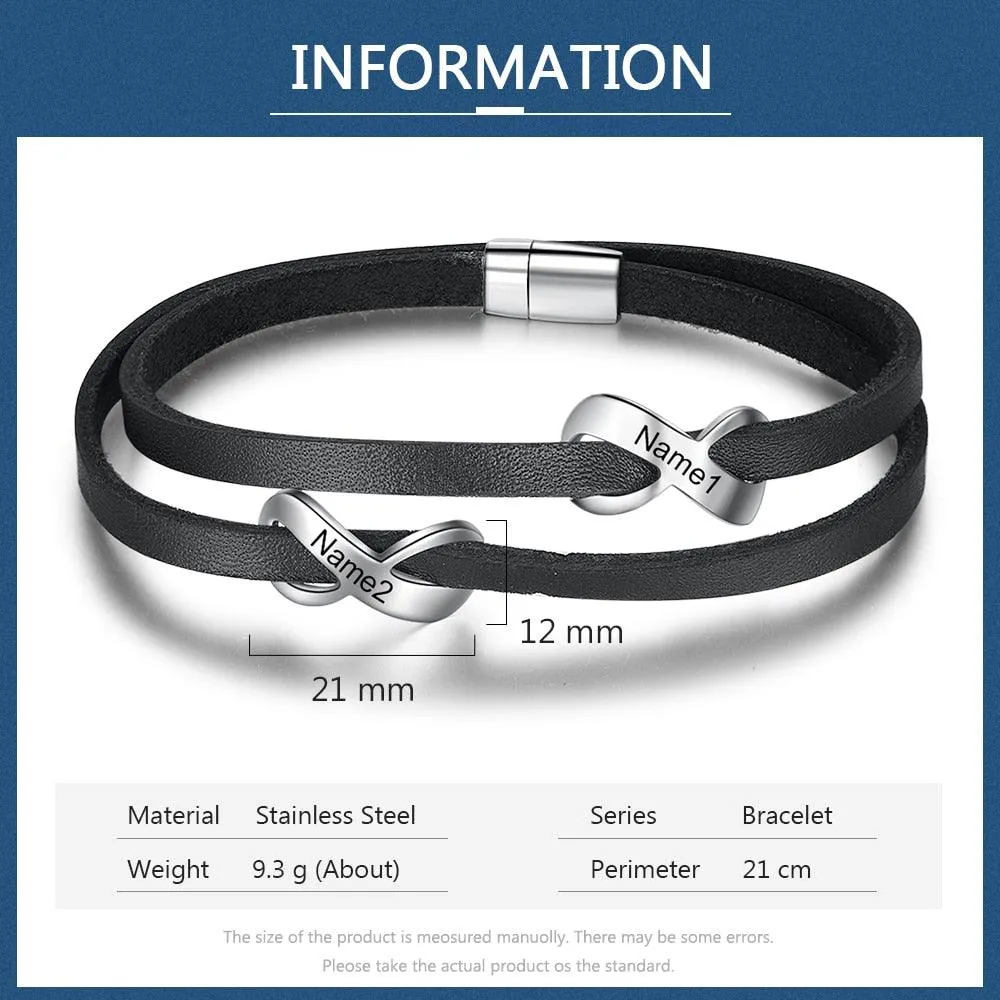 Personalized Stainless Steel Black Leather Engraved Name Double Infinity Bracelet Gift For Fathers