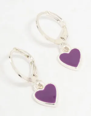 Silver Drop Purple Heart Huggie Earrings