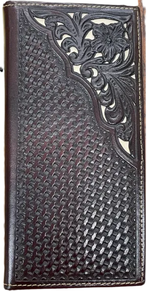 Top Notch Coffee Basketweave/Floral Design Corner Inlay Tall Wallet